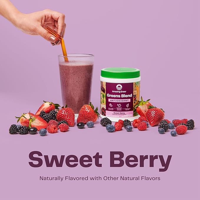 Amazing Grass Greens Blend Antioxidant: Super Greens Powder Smoothie Mix with Organic Spirulina, Beet Root Powder, Elderberry, Bilberry, Prebioitics & Probiotics, Sweet Berry, 30 Servings (Packaging May Vary)
