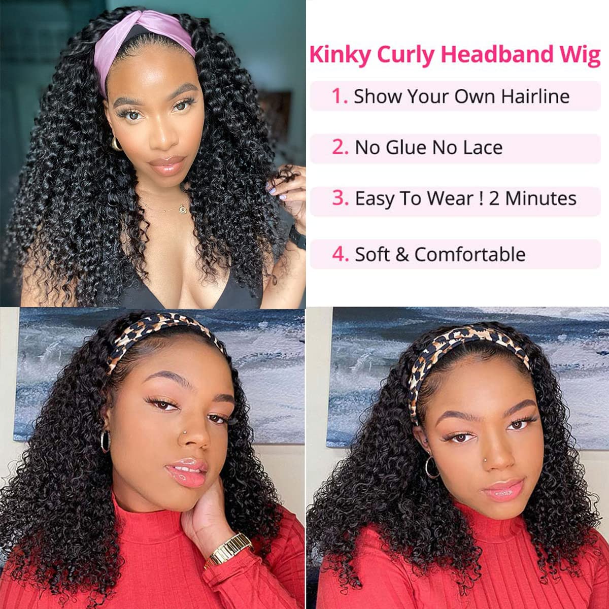 SUPERNOVA Headband Wig Human Hair Curly Headband Wigs For Women 180% Density Kinky Curly Headband Wig Human Hair Brazilian Glueless None Lace Front Wigs Hair（18inches）