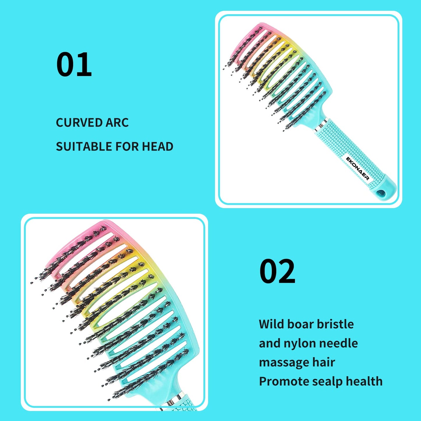 EKONAER Detangling Brush Boar Bristles Hair Brush for Adult & Kids Wet or Dry Hair,Curved and Vented Detangler Brush - Adds Shine and Makes Hair Smooth(Green)