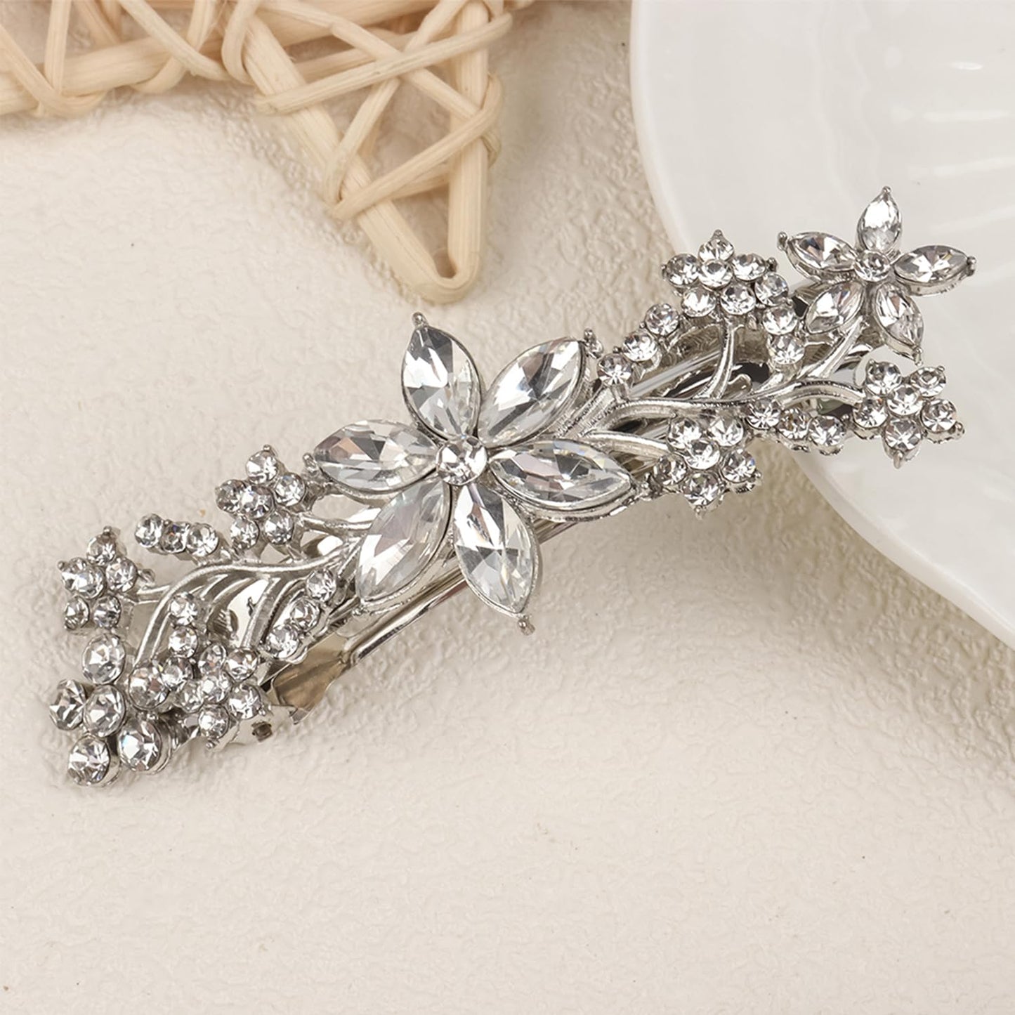 Crystal Hair Barrettes, White Rhinestone Flower Hairpins Hair Clips, Sparkly Austrian Hairgrip Hair Headwear Accessories for Women Girls