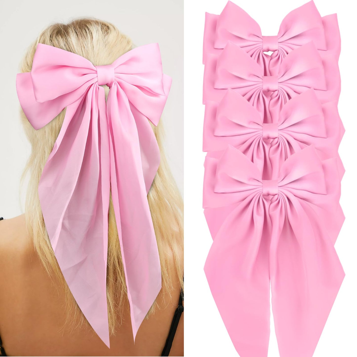 Wecoe 4pcs Pink Satin Hair Accessories for Women - Big Bows, Barrettes, Clips for Wedding, Bride, Party, Gift for Girls