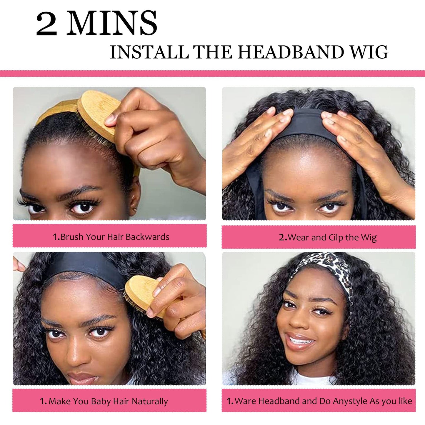G&T Headband Wig Human Hair 24 inch Curly Headband Wigs for Black Women 180% Density Glueless Wear and Go Wig 100% Brazilian Human Hair Curly Wave Headband Wigs Natural Color