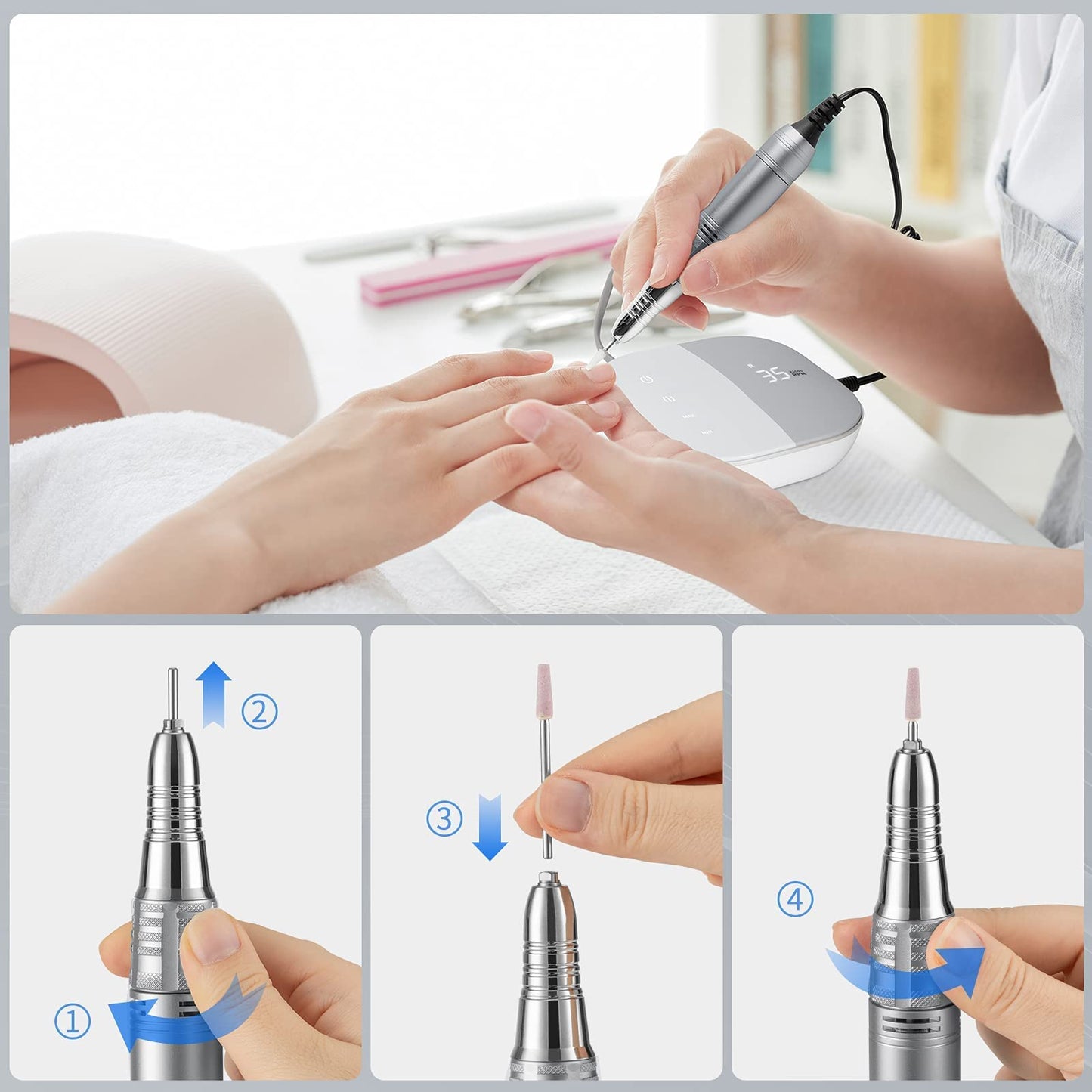 Madenia Professional Nail Drill Machine for Acrylic Nails and 11pcs Tungsten Carbide Nail Drill Bits, Gray