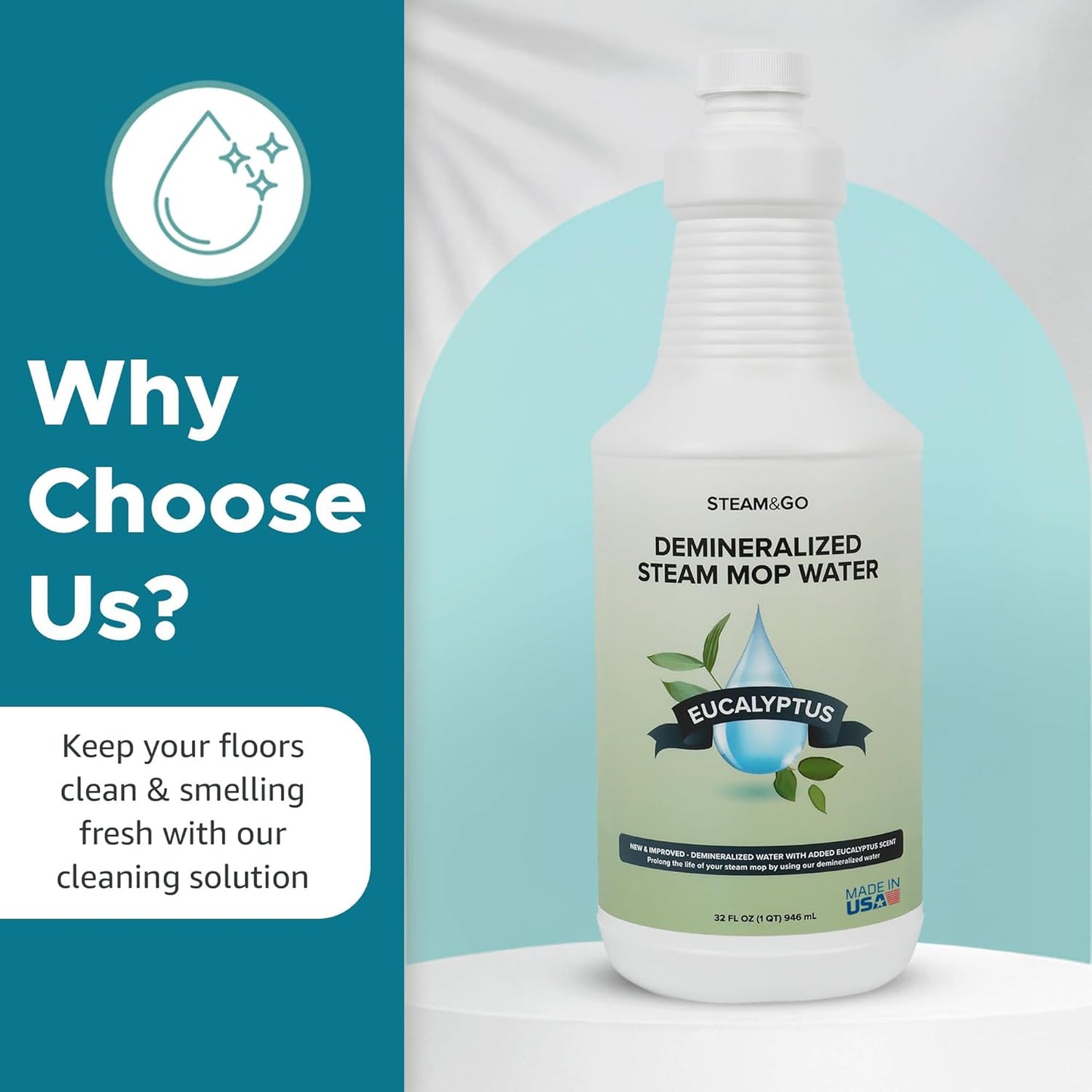 Steam & Go Demineralized Water for Steam Cleaner, PVC-Free Floor Cleaner Liquid Compatible With Any Steam Mop, Ready-to-Use Multisurface Cleaner, Scented, Eucalyptus Mint, 32 oz, Pack of 18