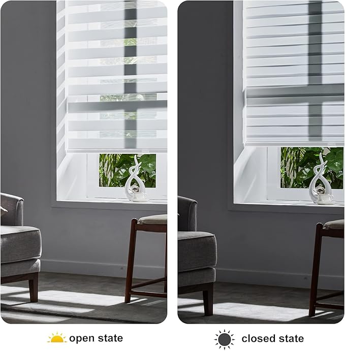 Persilux Zebra Blinds for Windows, Cordless Roller Shades Window Treatments (57" W x 72" H, White) Light Filtering Dual Layer Roller Window Shades Light Filtering Sheer Shades for Home and Office