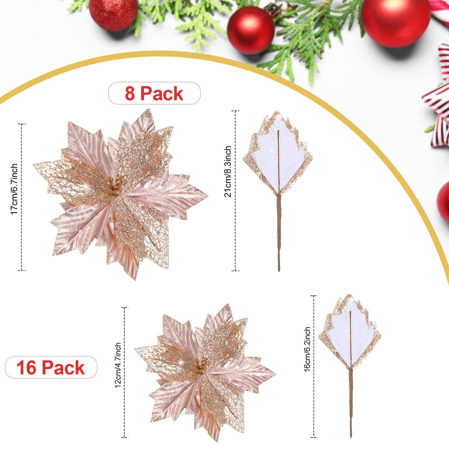 Syhood Christmas Tree Topper Decorations 34x12 Inch Large Christmas Bows Tree Ornaments and 24 Pcs Christmas Tree Flowers for Christmas Holiday Party Decorative(Rose Gold)