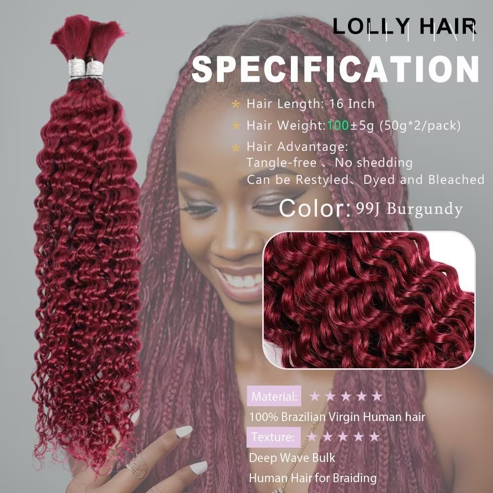 Fabimiya Burgundy Braiding Human Hair 100g 18 Inch 99J Burgundy Deep Water Wave Bulk Human Hair for Braiding No Weft Brazilian Virgin Curly Human Hair Extensions for Boho Braids