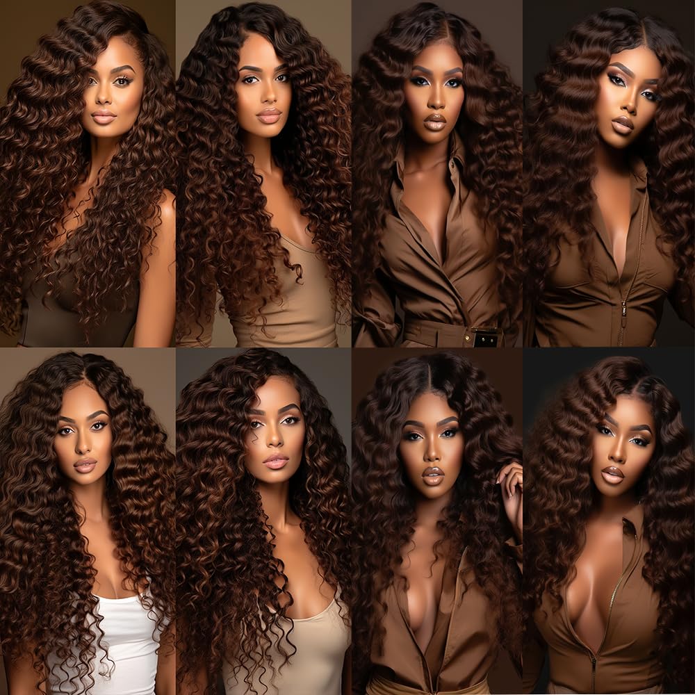 Loose Dark Brown Deep Wave Bundles #4 Human Hair Bundles Light Brown Deep Curly Bundles Double Weft Brazilian Remy Hair Extensions Wet and Wavy Bundles Silky Soft for Black Women(20 22 24 Inch)