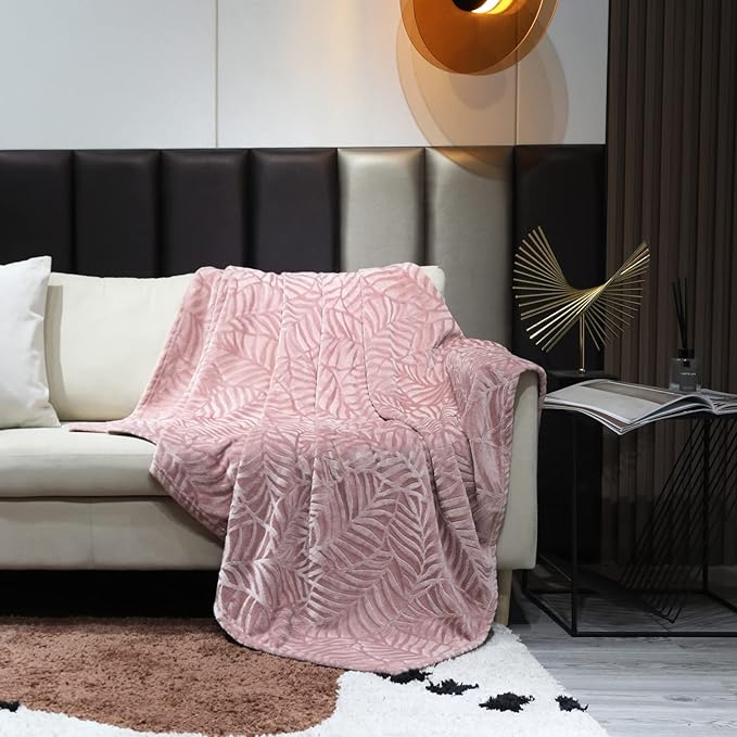 SOCHOW Super Soft Flannel Fleece Bed Blanket, Lightweight Cozy Warm Leaves Textured Plush Blanket as Bedspread Coverlet Bed Cover for All Seasons, 90 x 90 Inches, Dusty Rose