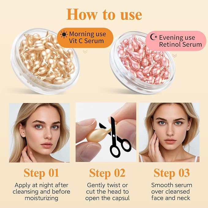 HKH Vitamin C & Retinol Serum for Face - Vit C Oil Capsule with Niacinamide, Anti Again Vit A Night Serum Capsule for Women, Reduces Fine Lines, Even Skin Tone, Firming Skin, Moisturise (38+38 ct)