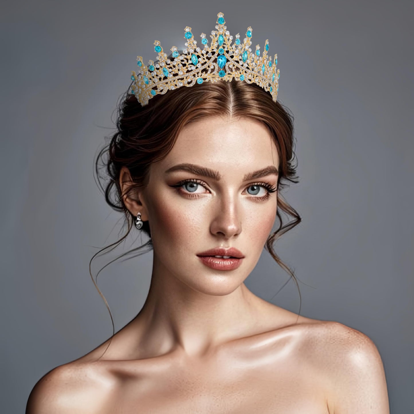 Kamirola Tiara for Women, Crystal Queen Crowns, Rhinestone Princess Tiaras, Royal Hair Accessories Perfect for Birthday,Prom,Decorations, Wedding Brides, and Halloween (Gold & Skyblue)