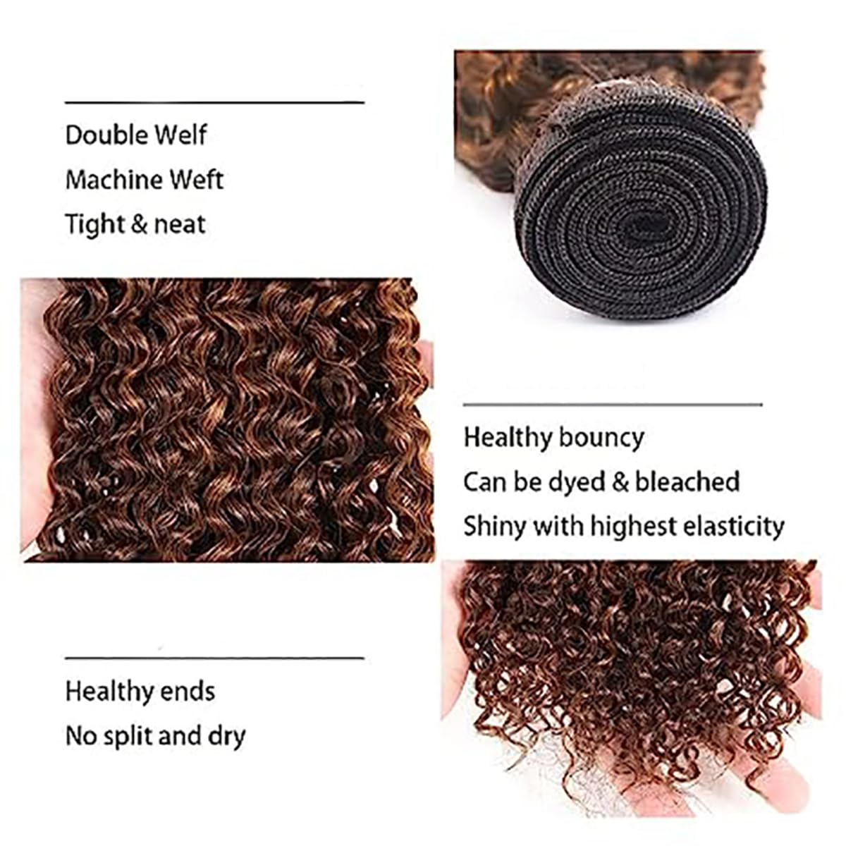 HeioWuio P4/30 Curly Wave Human Hair 3 Bundles Highlight Brazilian Remy Human Hair Extensions Brown and Dark Brown Unprocessed Virgin Hair Bundles 16 18 20 Inch