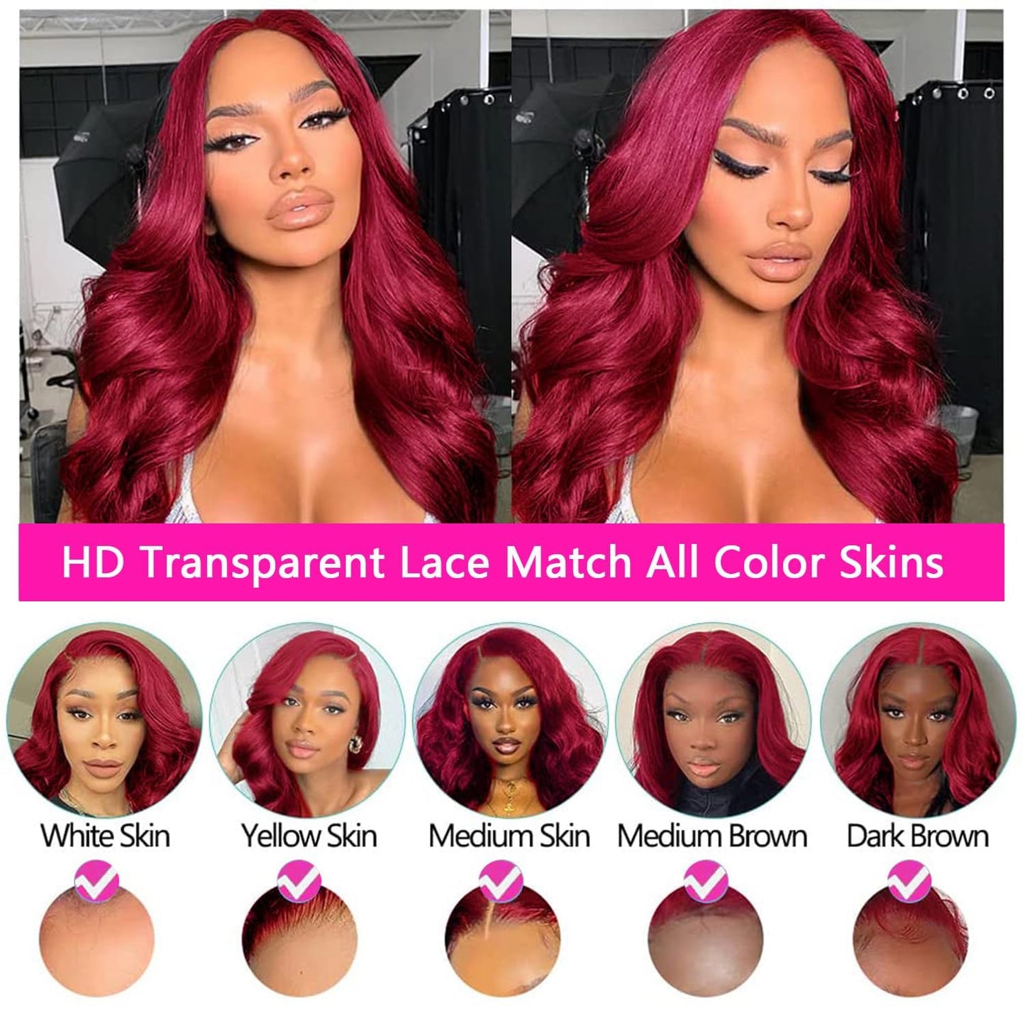 INVITEYOU 99J Burgundy Lace Front Wigs Human Hair 180% Density Wine Red Wig Human Hair Pre Plucked with Baby Hair 13x4 Body Wave HD Transparent Lace Front Wigs for Black Women(18inch)