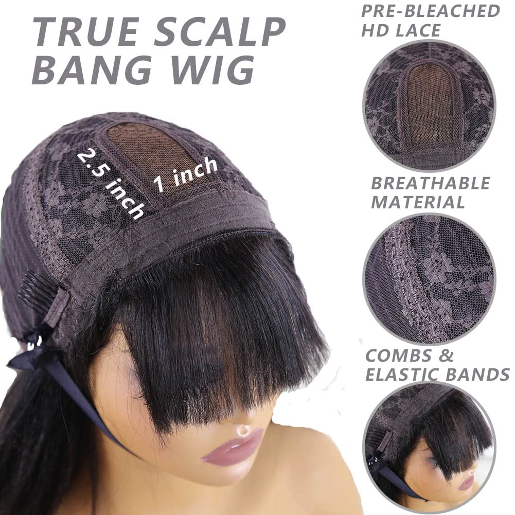 Y WIGS Yaki Straight Human Hair Wig with Bangs Glueless Short Bob Wig Human Hair 2x1 Lace Bob Wig with Bangs 12" 150% Density NC