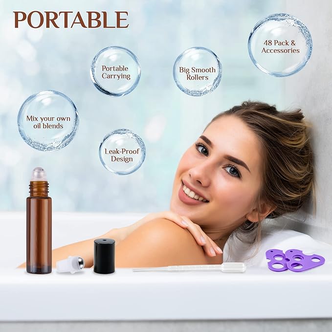 Essential Oil Roller Bottles, 24 Pack Hoa Kinh 10ml Empty Glass Amber Roller Bottles UV Protection with Stainless Steel Balls