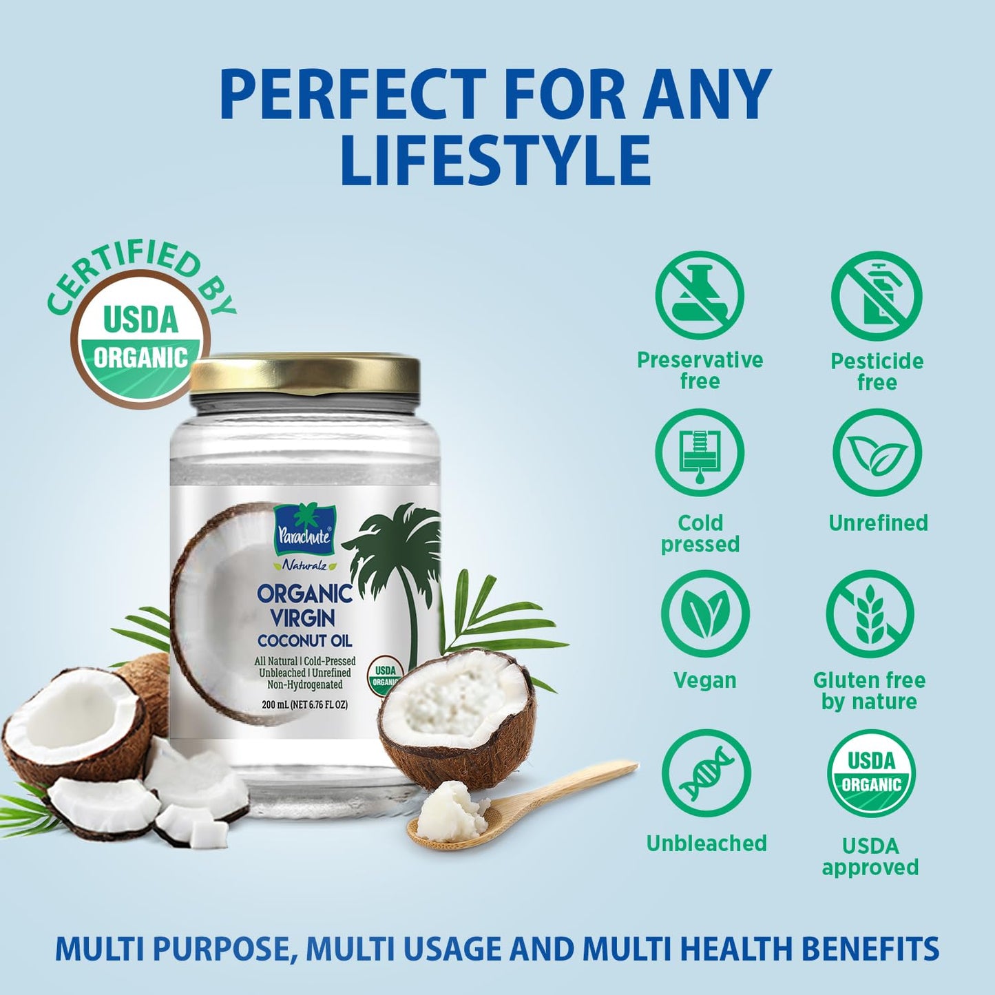 Parachute Naturalz Virgin Coconut Oil | 100% Organic Cooking Oil, Hair Oil and Skin Oil | Cold Pressed | USDA Certified |16 Fl. Oz | Glass Jar