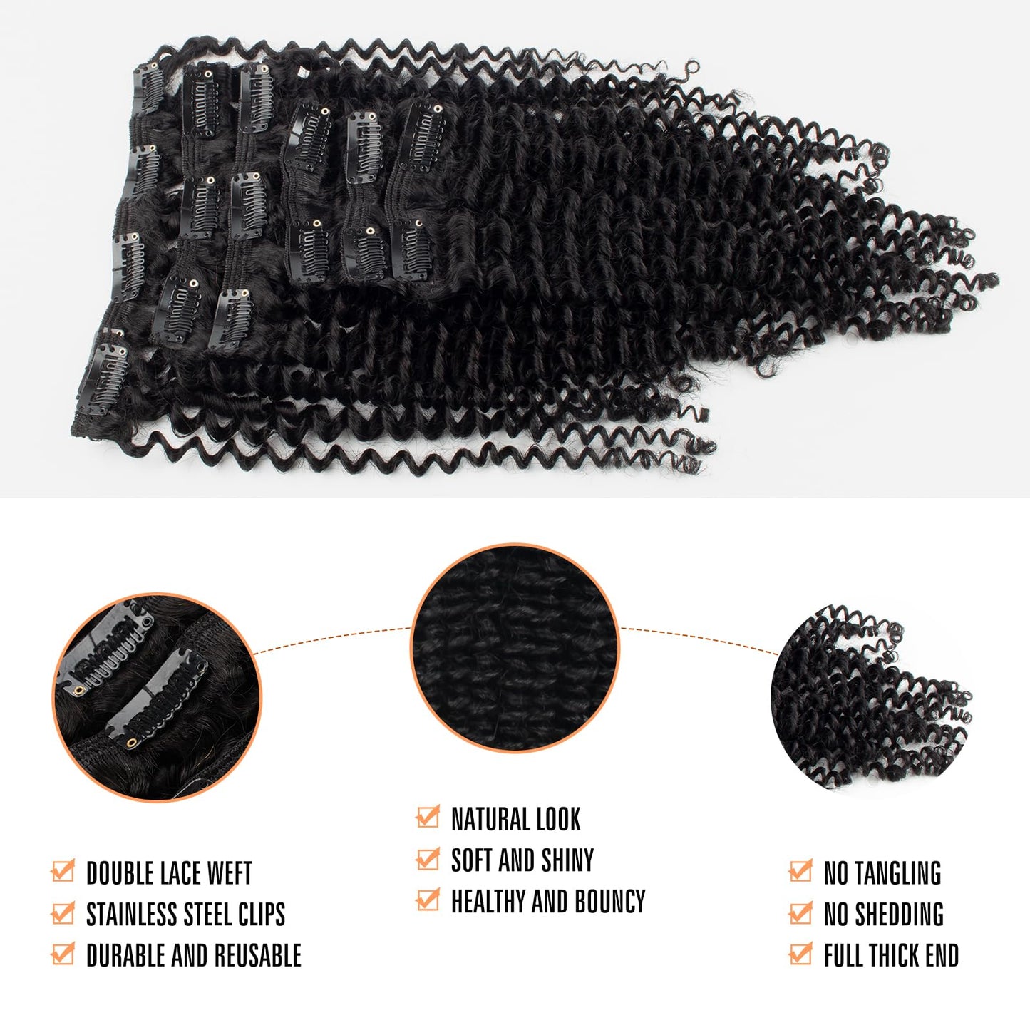 Lovrio Kinky Curly Clip in Hair Extensions, Afro 3C 4A Kinkys Curly Hair Clip ins for Women, Thick Soft 9A Brazilian Remy Human Hair Double Lace Wefts, 7Pcs 120g with 14 Inch