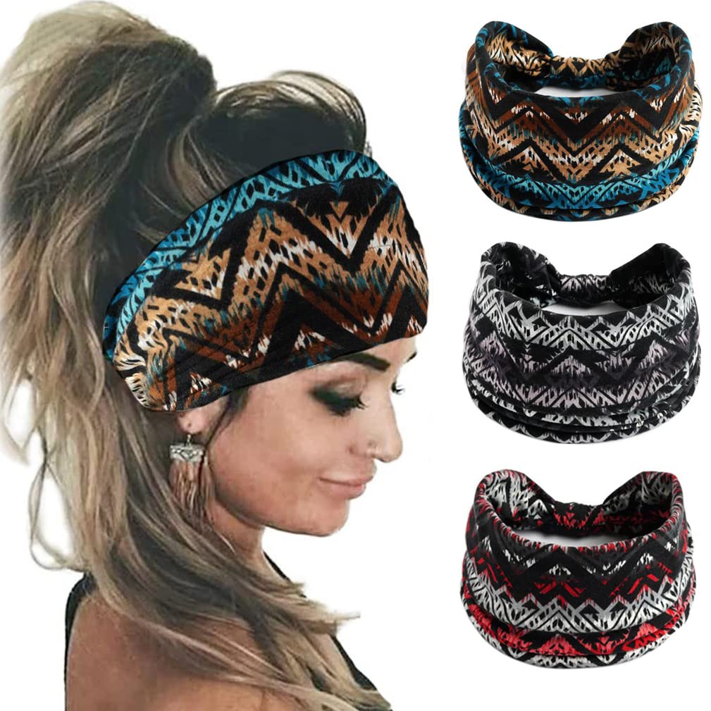 K-Elewon 3 Pack Women Wide Elastic Head Wrap Headband Sports yoga Hair Band (3 Pack(A06))
