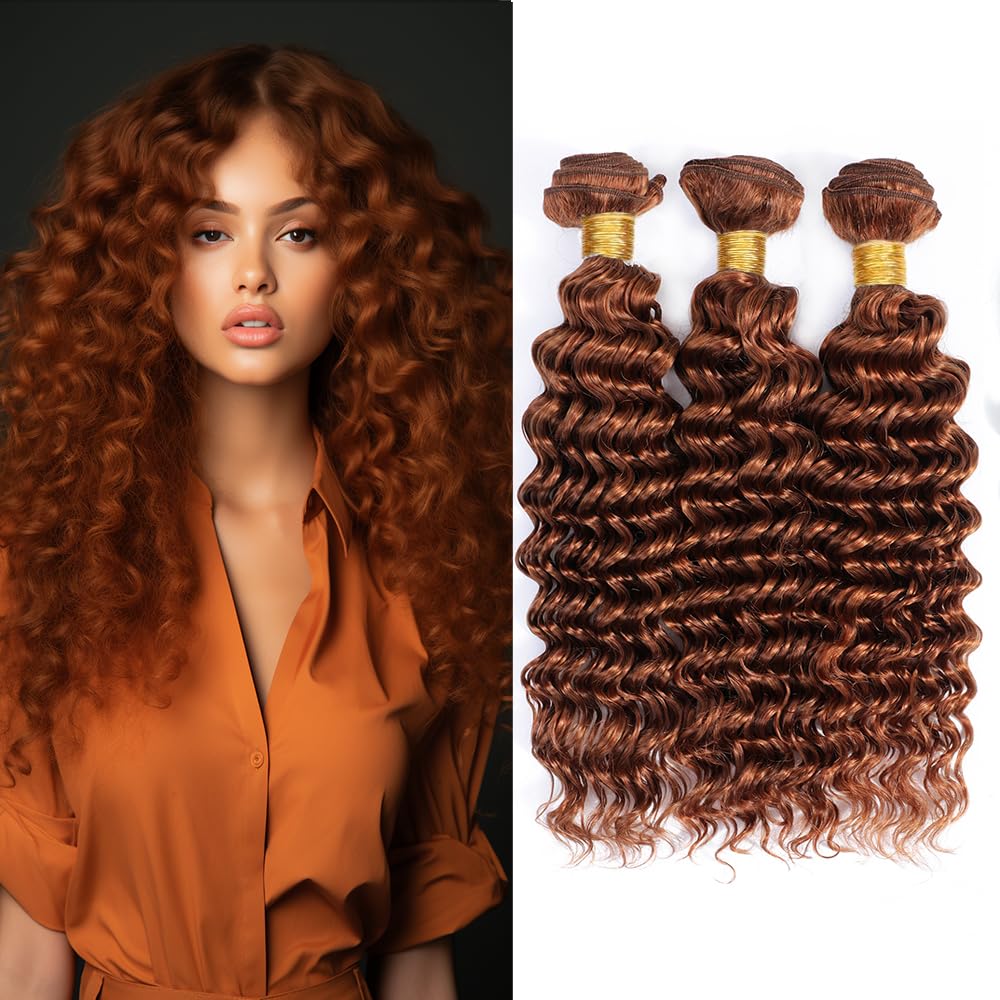 Light Brown Deep Wave Bundles Color 30 Human Hair Bundles #30 Brown Deep Curly Hair Bundles Double Weft Brazilian Remy Hair Extensions Wet and Wavy Silky Soft for Black Women 18 20 22 inch