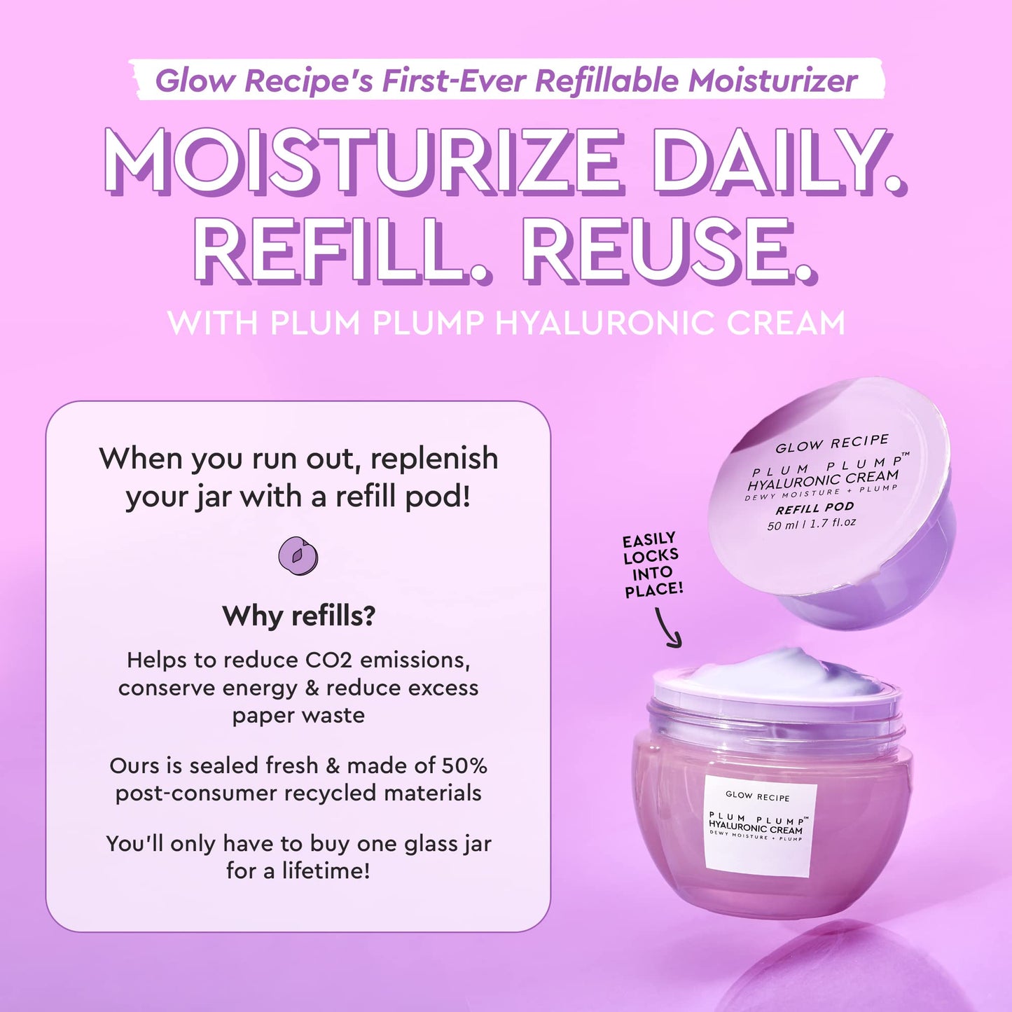 Glow Recipe Plum Plump Hyaluronic Acid Face Cream (50 ml) + Refill Pod (50 ml) - Dewy Glow Hydrating Skin Moisturizer to Plump, Balance & Brighten Skin - With Refillable Eco Pod to Replenish Cream Jar