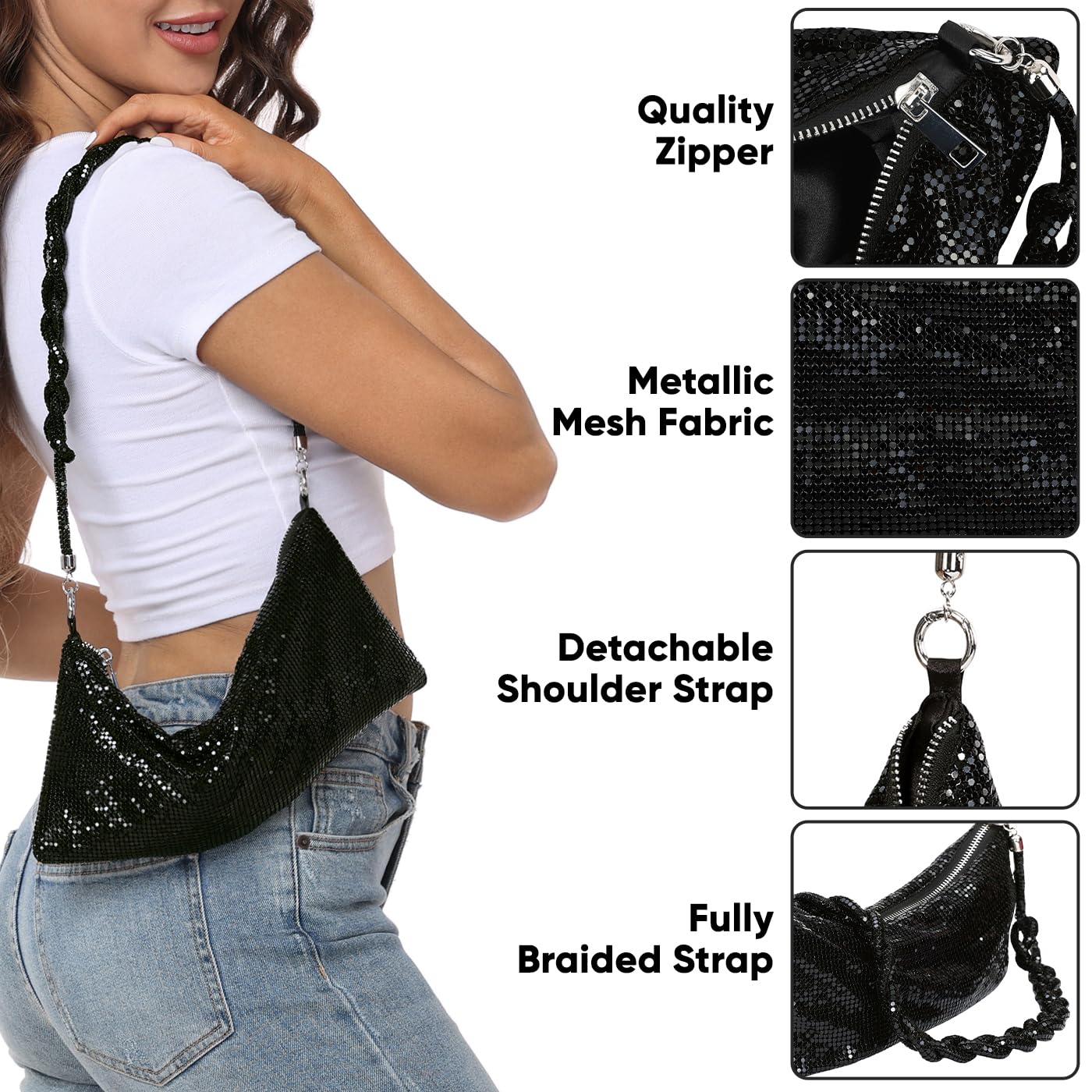 HDE Women's Metallic Mesh Evening Bag Shiny Braid Knotted Shoulder Purse Handbag Black