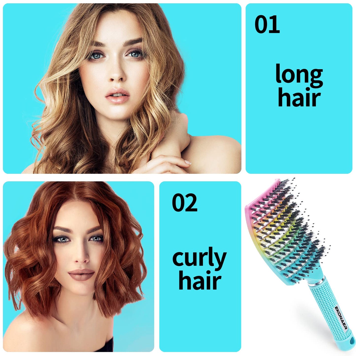 EKONAER Detangling Brush Boar Bristles Hair Brush for Adult & Kids Wet or Dry Hair,Curved and Vented Detangler Brush - Adds Shine and Makes Hair Smooth(Green)