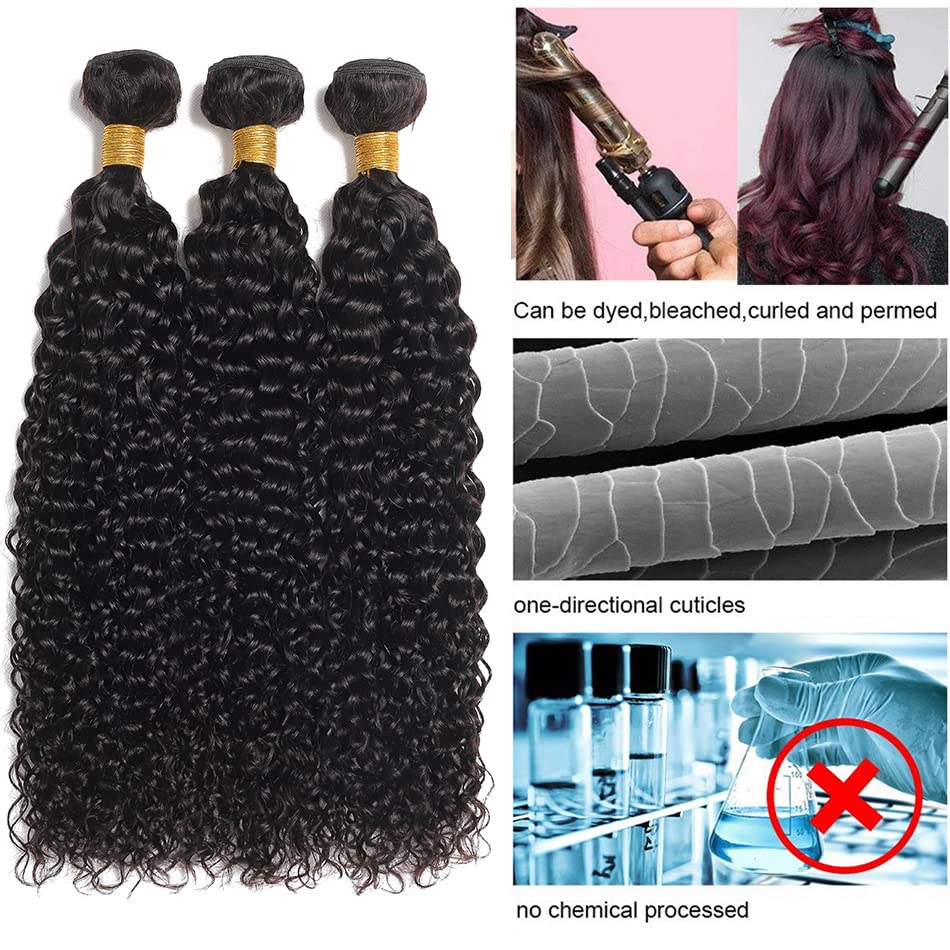 Kinky Curly Human Hair Bundles Color 1B Curly Weave Bundles Double Weft Brazilian Human Hair Weave Extensions Wet and Wavy Bundles Silky Soft for Black Women (18 20 22 inch,3 Bundles)