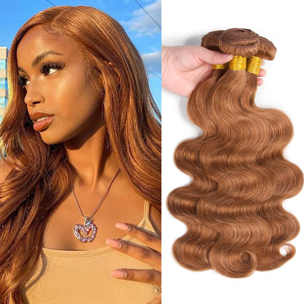 Light Brown Body Wave Bundles Human Hair #30 Brown Bundles Human Hair Color 30 Brown Body Wave Bundles Double Weft Remy Hair Extensions Wet and Wavy Silky Soft for Black Women 20 22 24 Inch