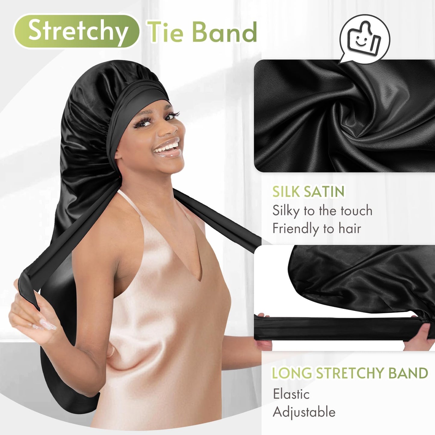 BONNET QUEEN Braid Bonnet Silk Bonnet Foldable Extra Long Bonnet for Braids Satin Bonnet for Sleeping Hair Bonnet with Tie Band Long Sleep Cap Black