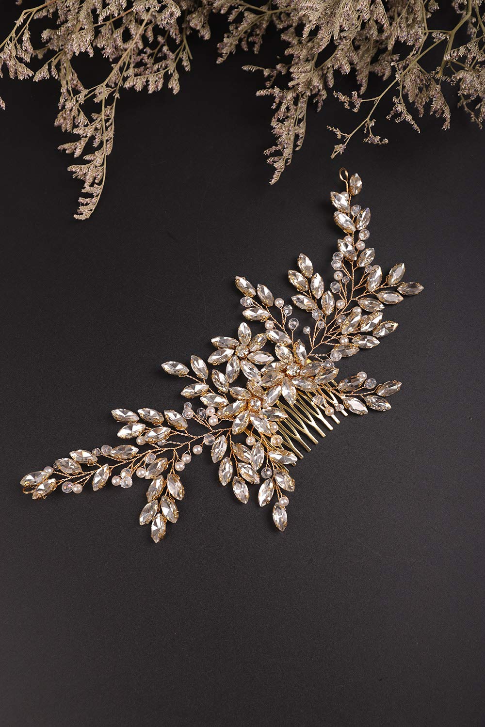 Denifery Rose Gold Bridal Hair Comb Sparkly Rhinestones Wedding Hair Comb Pearl Bridal Headpiece Rose Gold Hair Accessories for Women and Girls (Gold)