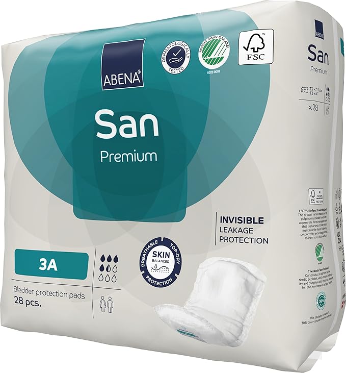 Abena San Premium Incontinence Pads, Light Absorbency, (Sizes 1 to 3A), Size 3A, (Pack of 3, 84 Count Total)