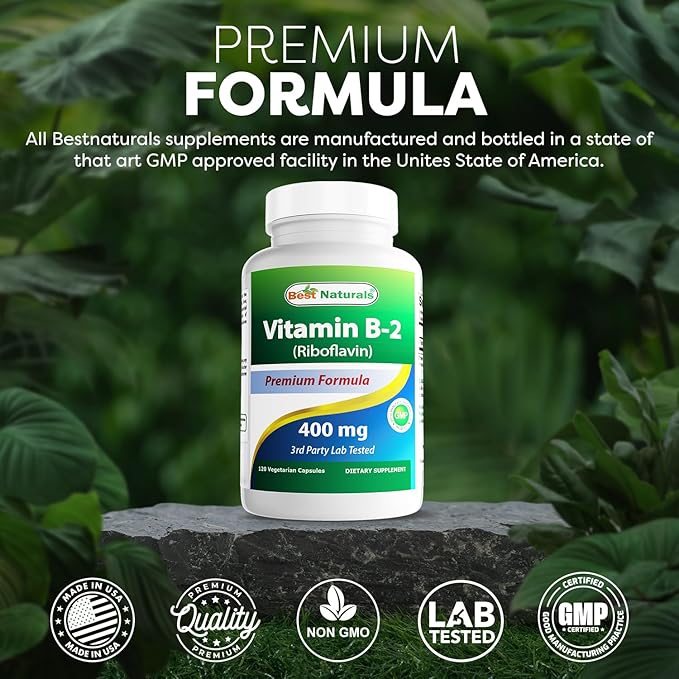 Best Naturals Vitamin B2 (Riboflavin) 400mg - Migraine Relief - Veggie Capsules - Conezyme Precursor - 120 Count (120 Count (Pack of 2))