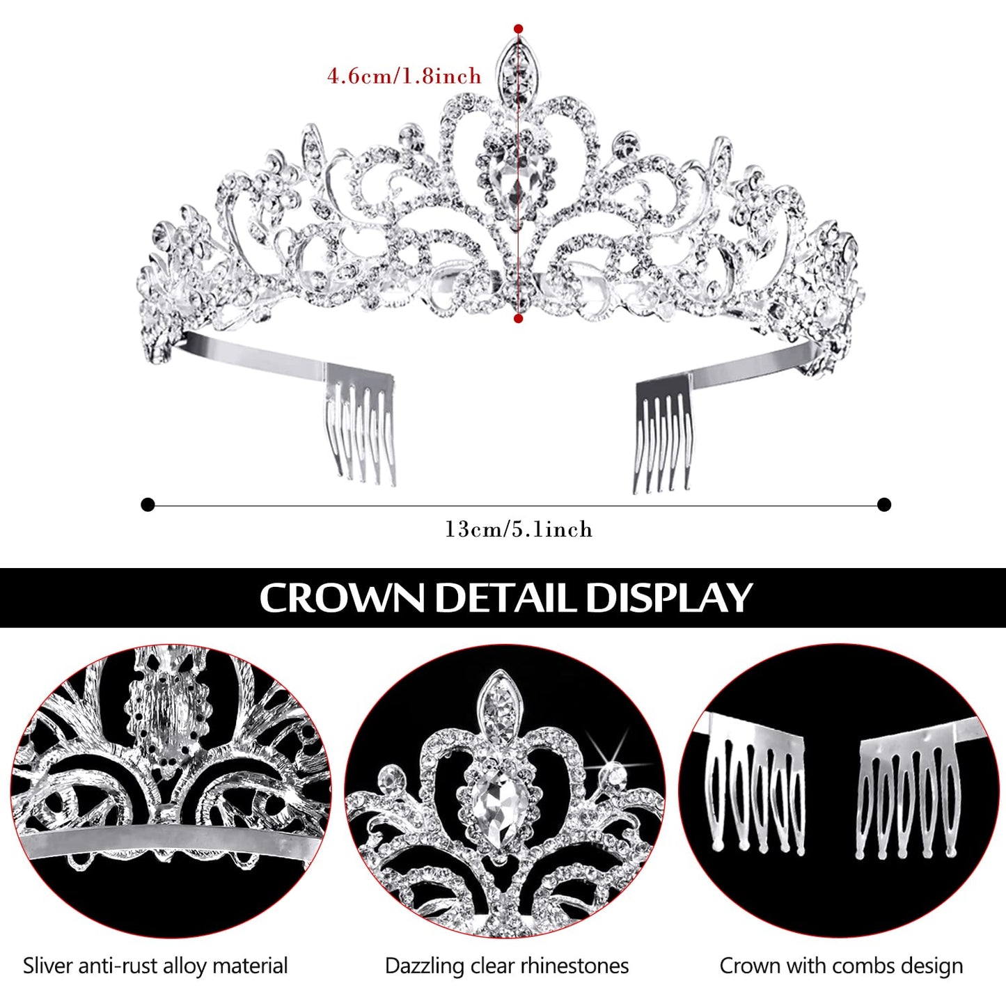 Silver Crystal Tiara Crowns for Women Girls Elegant Princess Crown with Comb for Little Girls Birthday and Wedding School Graduate Birthday Cosplay Halloween Party Accessories（Silver-01）