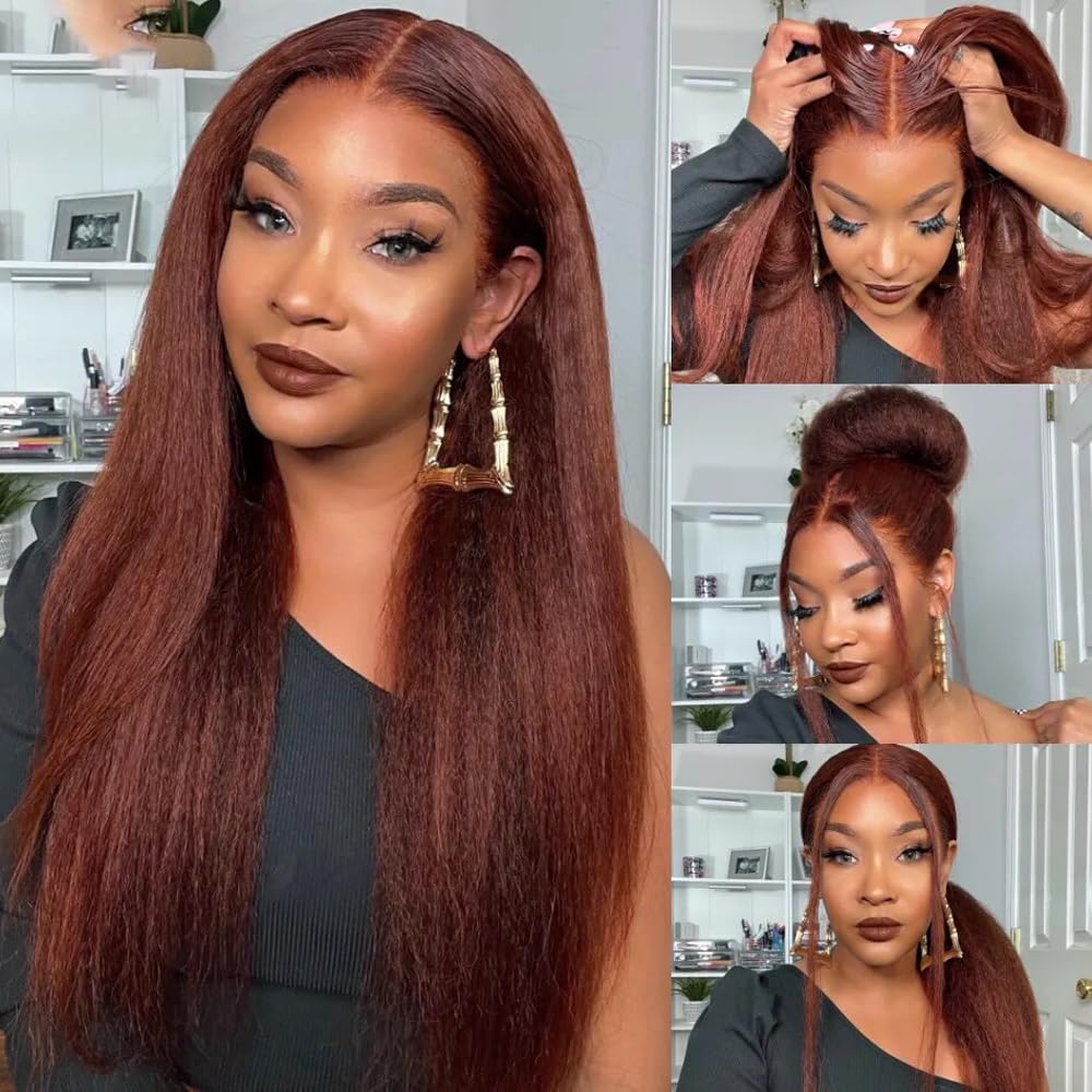 Color 33 Bundles Human Hair Reddish Brown Kinky Bundles Copper Red Yaki Straight Bundles Double Weft Brazilian Human Hair Auburn Yaki Straight Bundles Soft and Silky 24 24 24 Inch