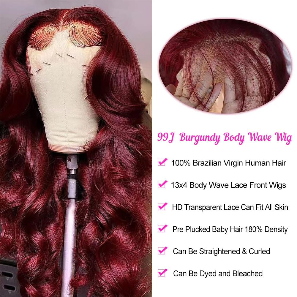 INVITEYOU 99J Burgundy Lace Front Wigs Human Hair 180% Density Wine Red Wig Human Hair Pre Plucked with Baby Hair 13x4 Body Wave HD Transparent Lace Front Wigs for Black Women(18inch)
