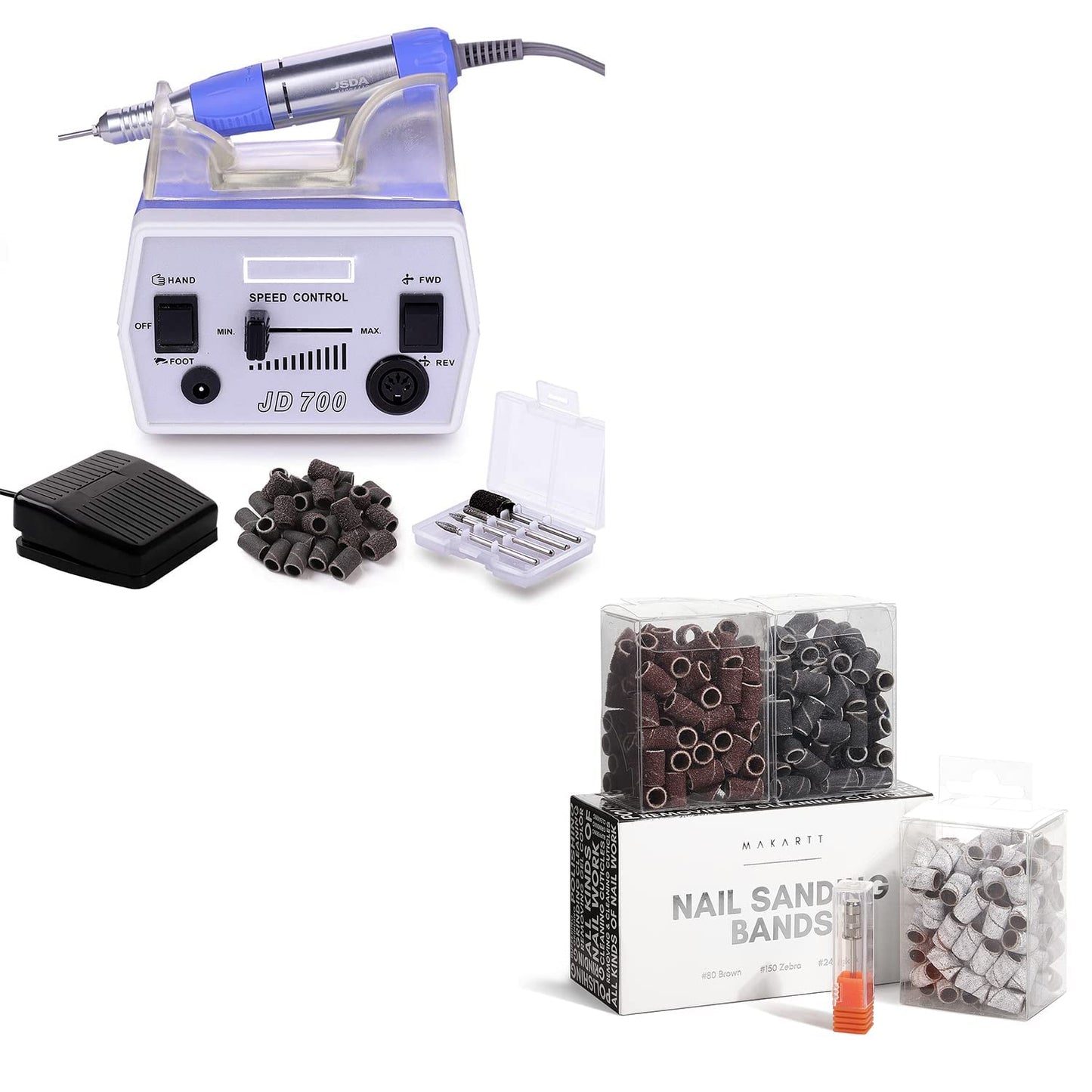 Makartt Nail Drill Electric Nail File Machine JD700 Professional 30000RPM Manicure Drill Bundle with 300Pcs Nail File Sanding Bands #80#150#240 Grits Nail Drill Bits Sanding Bands for Nail Drill