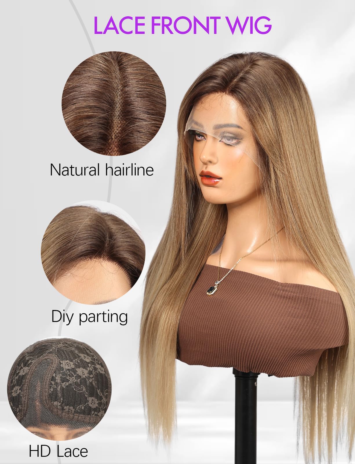 Getshow Long Light Brown Straight Lace Front Wigs Synthetic Wigs for Women