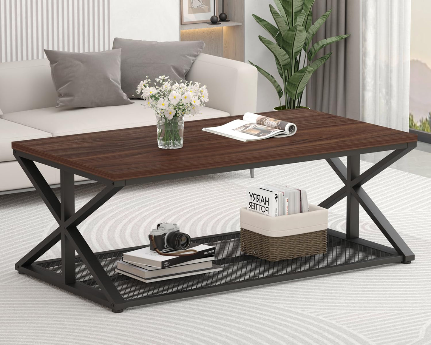 IBF Walnut Coffee Table with Storage, Industrial Wood Metal Rectangle Living Room Table, Vintage 2 Tier Middle Center Table with Mesh Shelf, Walnut, 47 inch