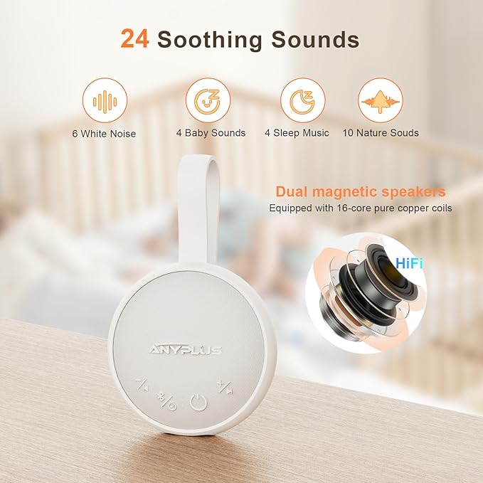 White Noise Sound Machine, Portable Sound Machine for Sleeping Adults & Baby, with Bluetooth 5.1/24 Soothing Sounds/Battery Powered/3 Timer Memory Function for Office/Bedroom/Travel（White）