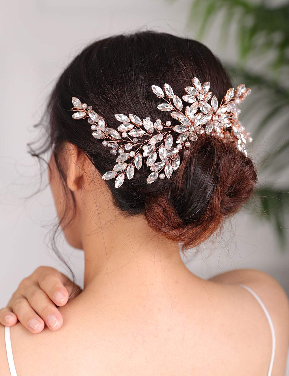 Denifery Rose Gold Bridal Hair Comb Sparkly Rhinestones Wedding Hair Comb Pearl Bridal Headpiece Rose Gold Hair Accessories for Women and Girls (Gold)
