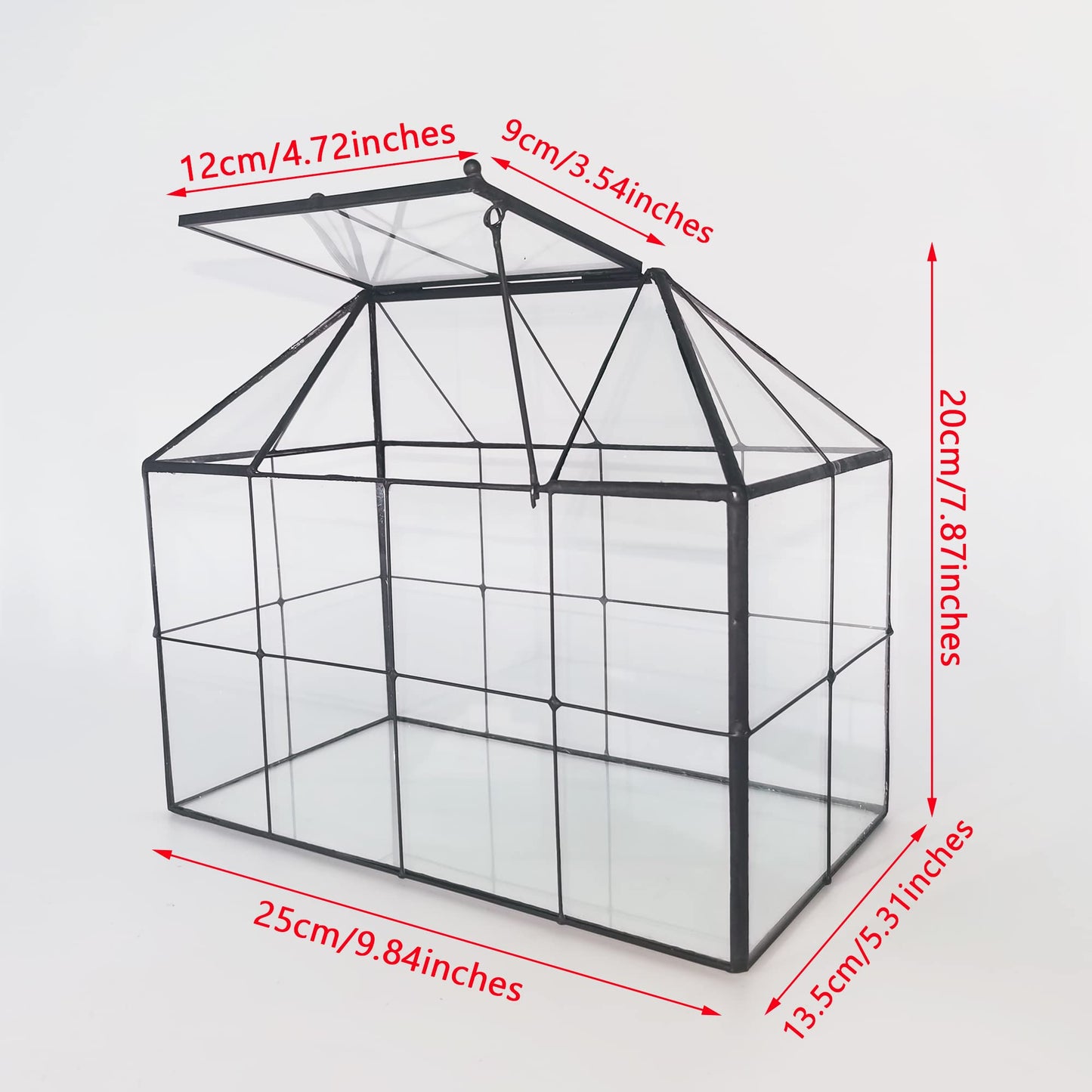 NCYP Glass Terrarium Planter with Lid for Small Succulent Cacti, Grid House Shape Black Geometric Terrarium Pot, Home Garden Indoor Tabletop Decor, 9.84" x 5.31" x 7.87" (No Plants)