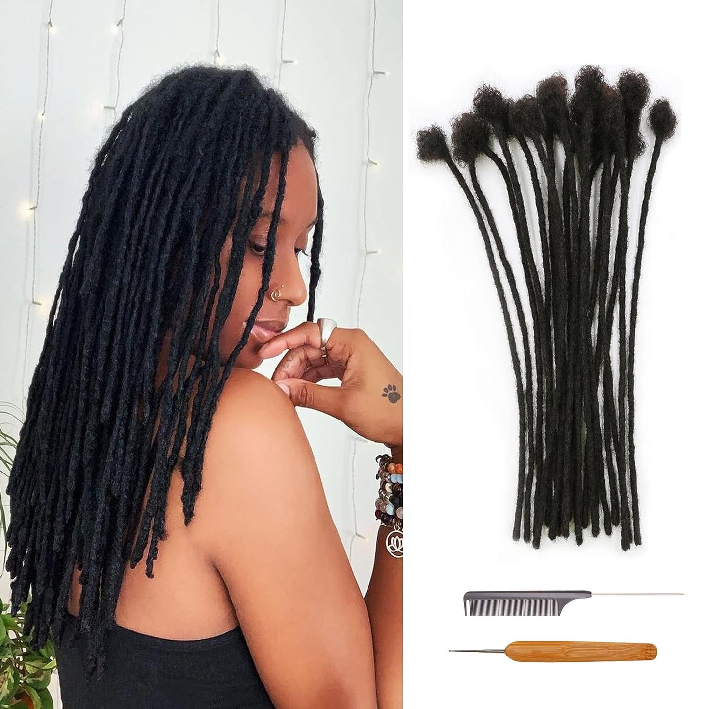 Coriario 14 inch Permament Loc Extensions Human Hair 70 Strands 0.4cm Real Human Hair Dreadlock Extensions for Women Men Kids Natural Black Dread Extensions Human Hair