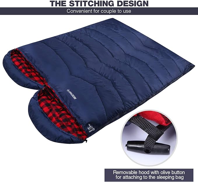 REDCAMP Flannel Sleeping Bag for Adults, Comfortable Cotton Sleeping Bags for Camping with Detachable Hood, Red/Grey/Blue