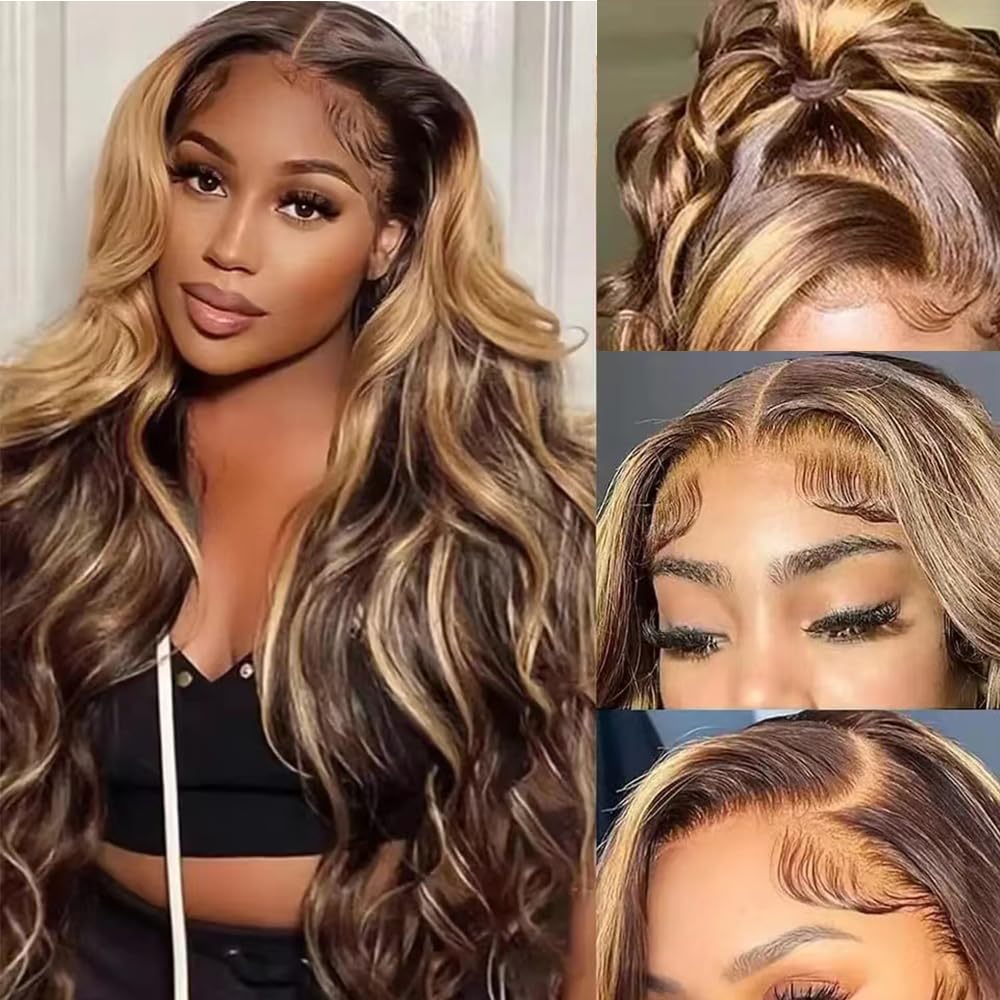 Highlight Wig HD Transparent Lace Front Wigs Human Hair Pre Plucked Wavy Human Hair Wigs 13X4 Lace Front Wig 150% Density Glueless 4/27 Lace Front Human Hair Wigs for Black Women 18 Inch Side Part