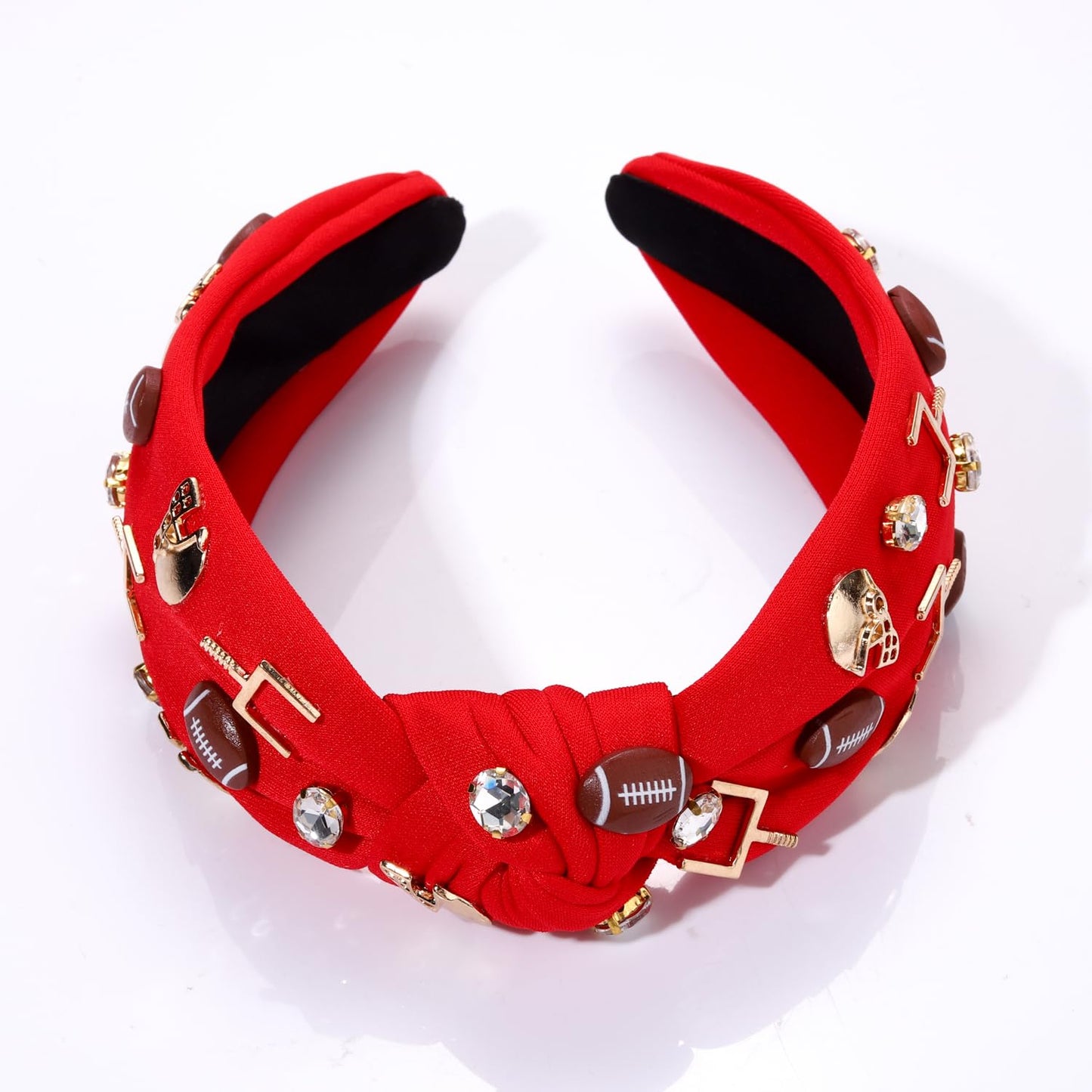 Football Headband for Women Football Accessories Beaded Football Rhinestone Crystal Knotted Headband Jeweled Embellished Game Day Top Knot Headband Football Mom Hair Accessories (A-Red Football)