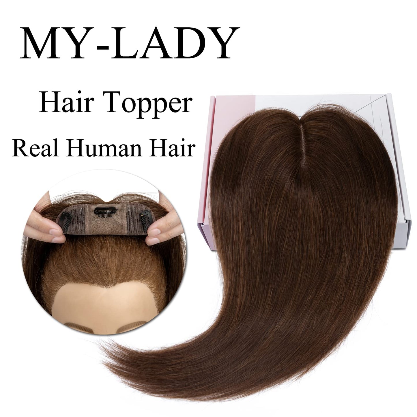 MY-LADY Human Hair Toppers for Women Real Remy Hair 130% Density 10 * 12CM Silk Base No Bangs Clip in Hair Pieces Straight Hairpiece for Thinning Hair 6 Inch #04 Medium Brown