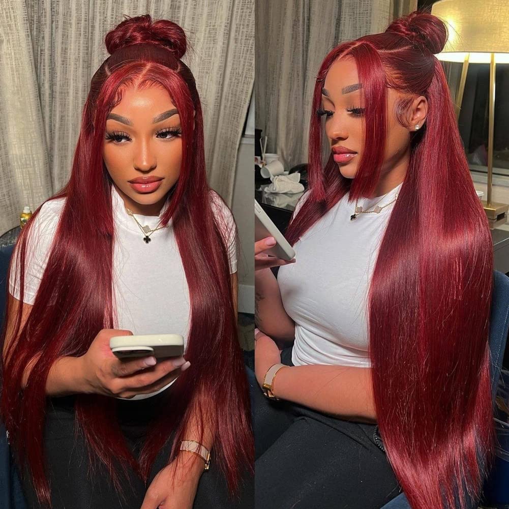 ELENINE 99J Burgundy Lace Frontal Wig Human Hair Straight Pre Plucked with Baby Hair for Black Women 13x4 Lace Front Human Hair Wig Brazilian Remy Hair (99j 13x4 Lace Front Wig Straight, 18 inches)