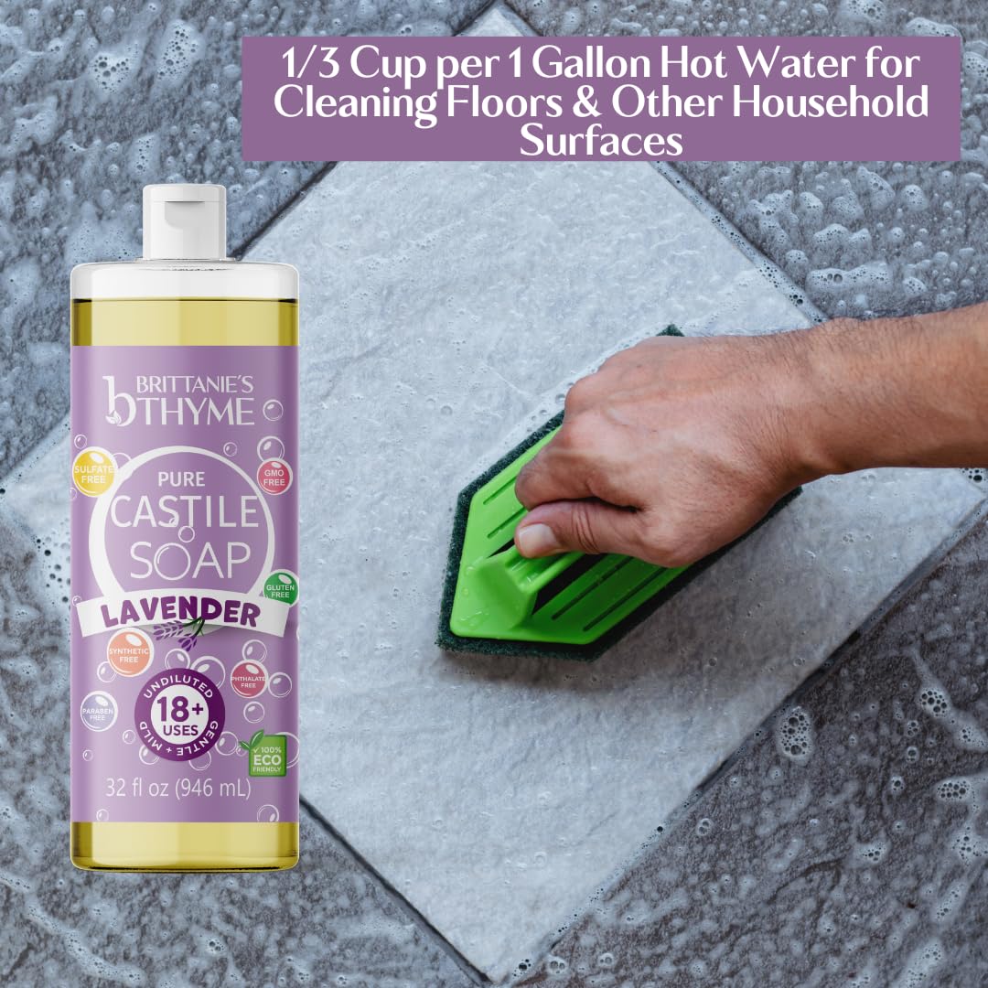 Brittanie's Thyme Pure Castile Liquid Soap Refill | For Hair & Body, Gentle and Pure, Made with Natural Luxurious Oils, Vegan & Gluten Free Non-GMO (Lavender, 32 oz (Pack of 2))