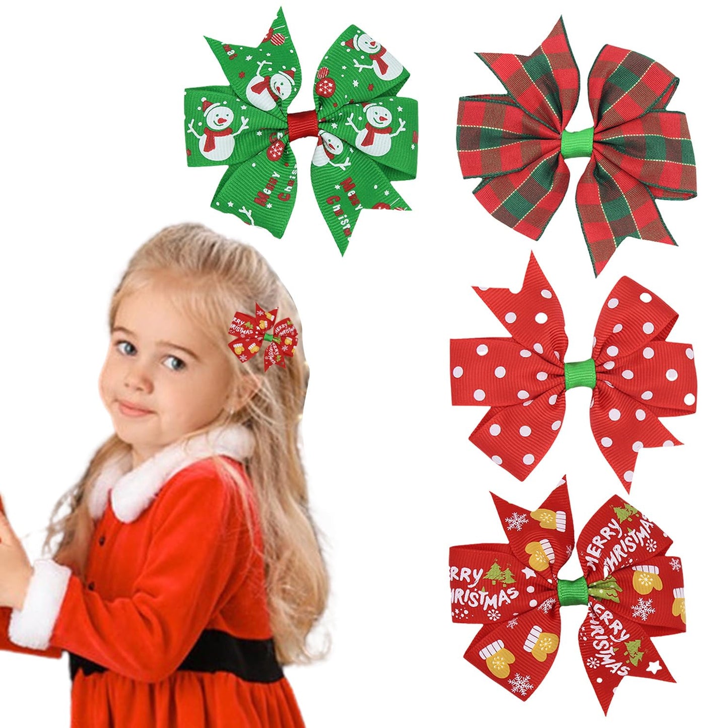 Christmas Hair Bow Clip Girls Baby Bow Clips for Christmas Red and Green Santa Claus Hair Accessories for Alligator Clip Non-slip Winter Xmas Gift for Hair-4pcs