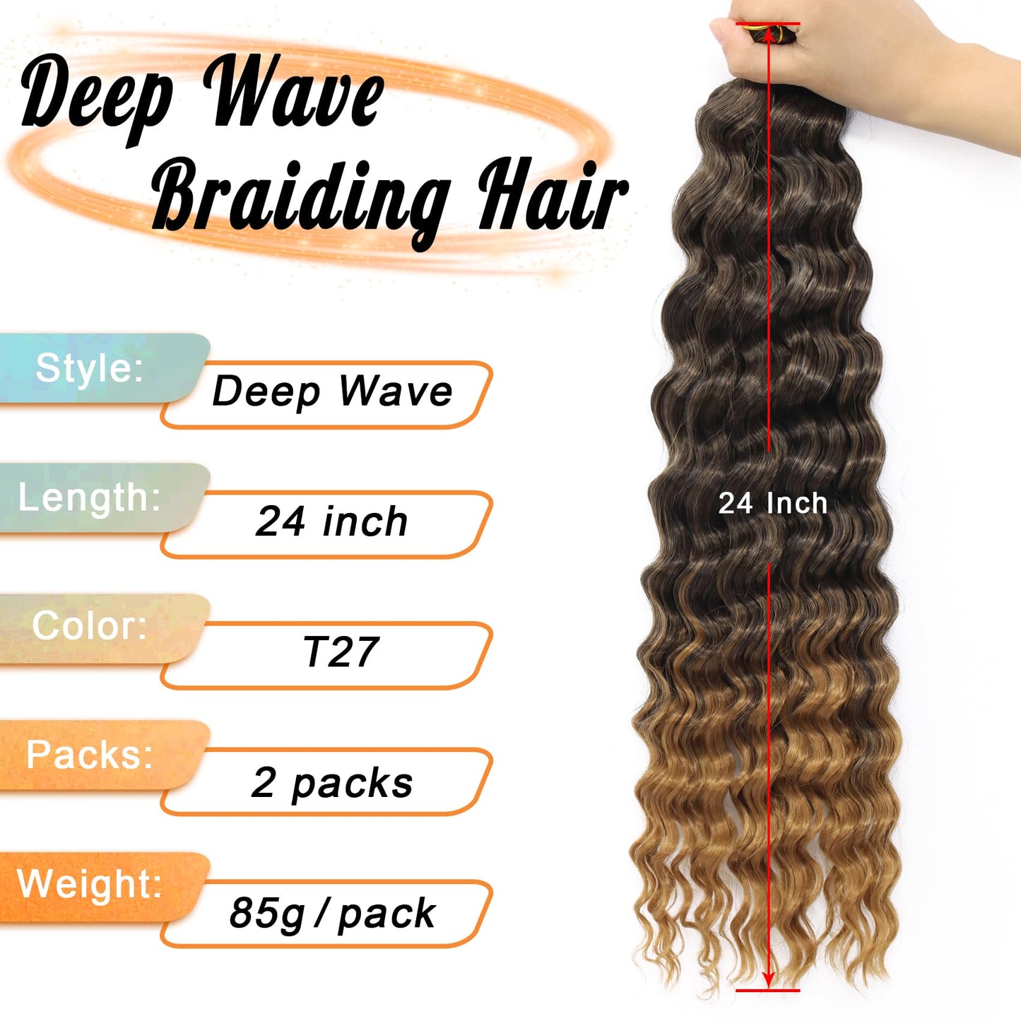 Eerya Long Curly Braiding Hair 24 Inch 2 Packs Ocean Wave Crochet Hair for Black Women Deep Wave Braiding Hair for Boho Braids（24 inch, T1B/27）